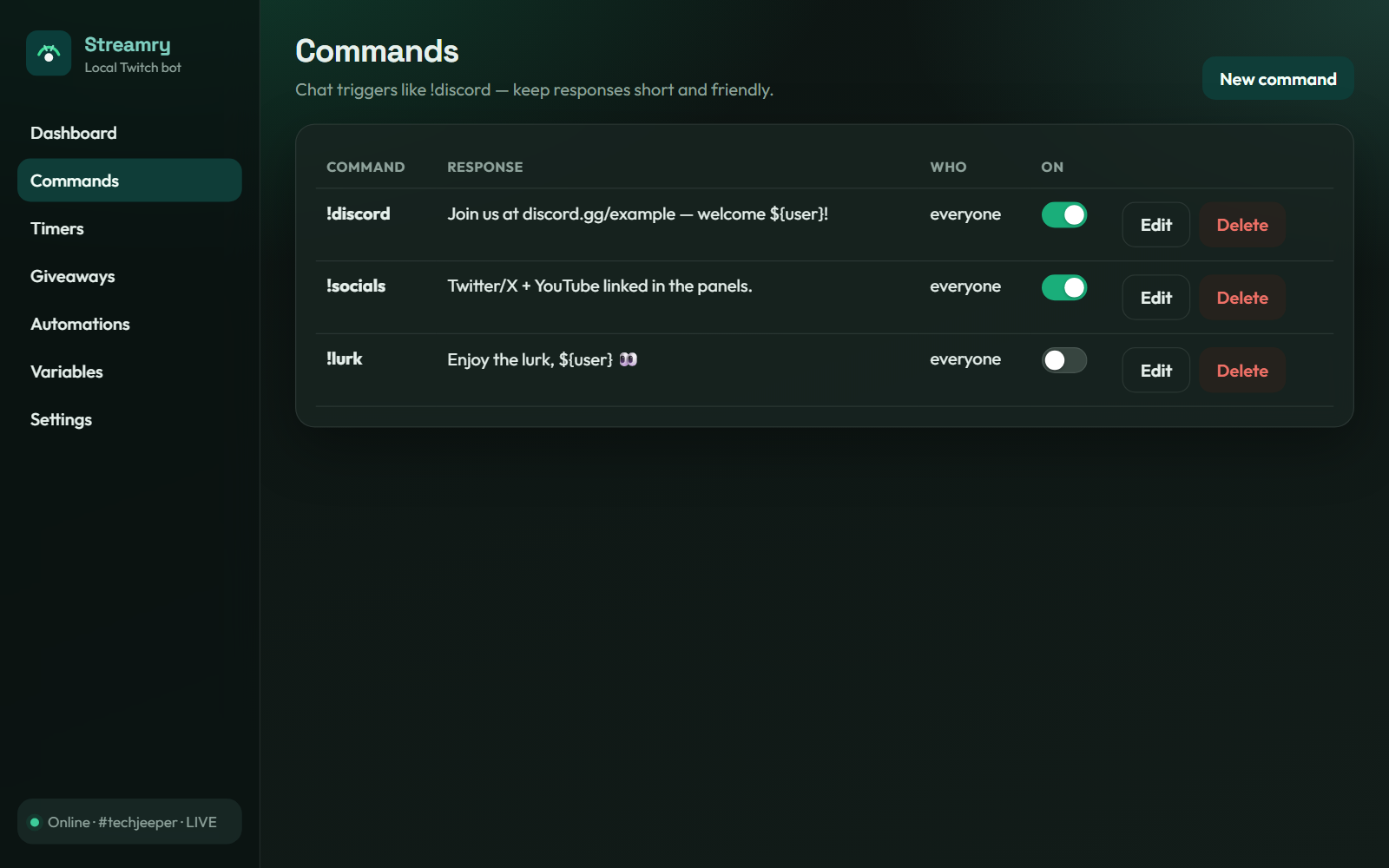 Commands page with on/off toggles
