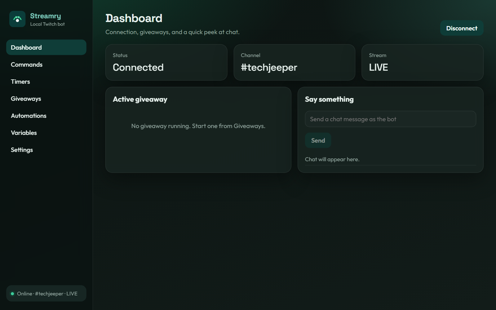 Streamry dashboard showing online status and live channel