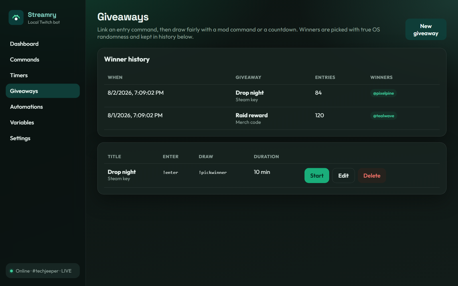 Giveaways and winner history