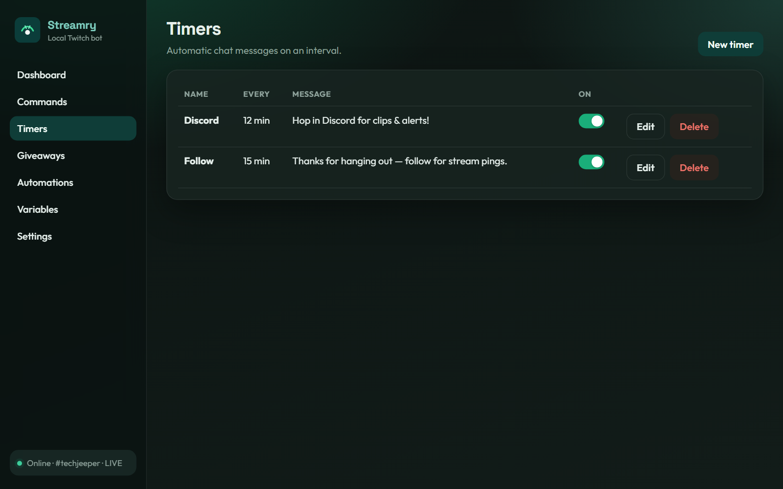 Timers page